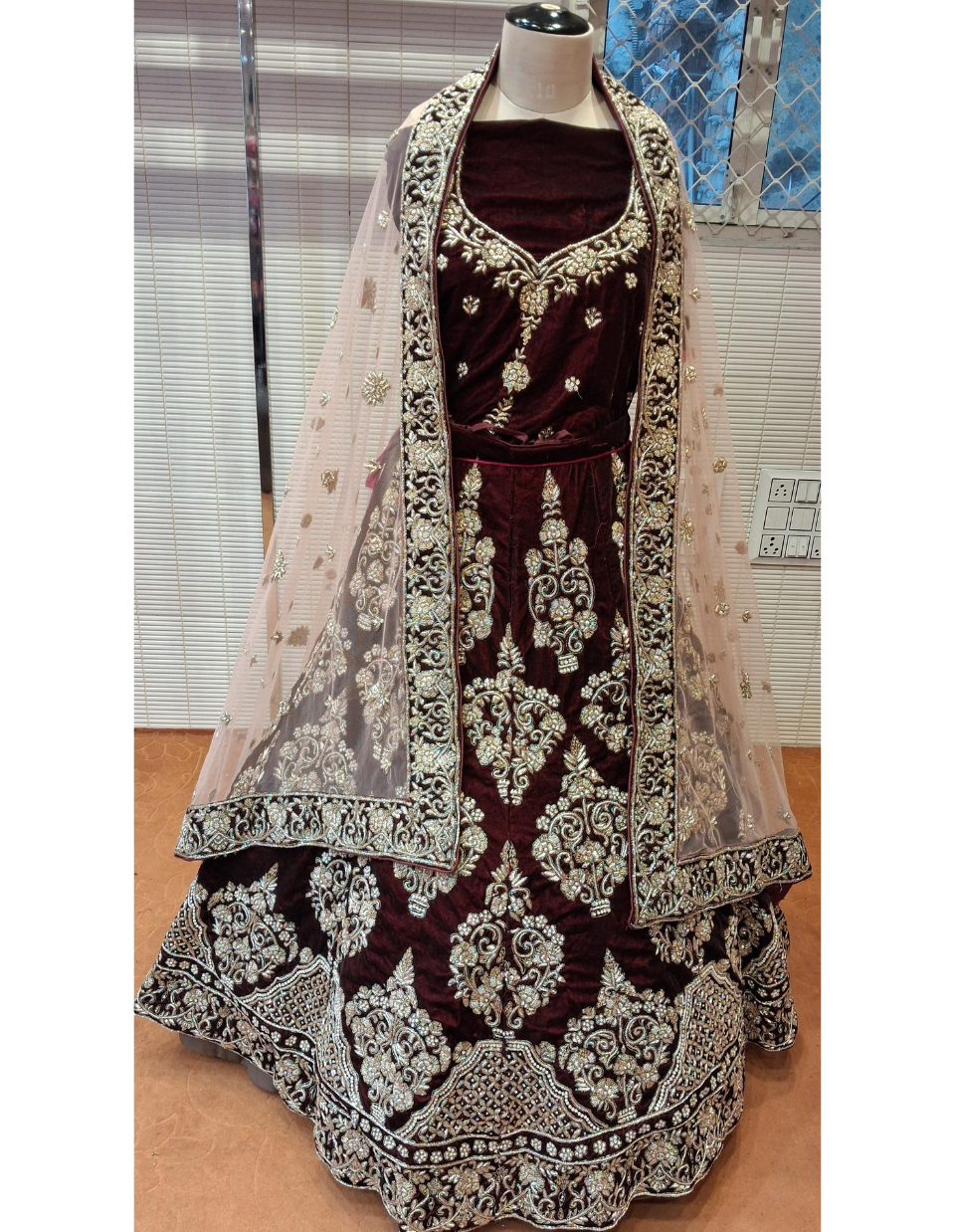 Coral Peach Sequin Embellished Net Lehenga