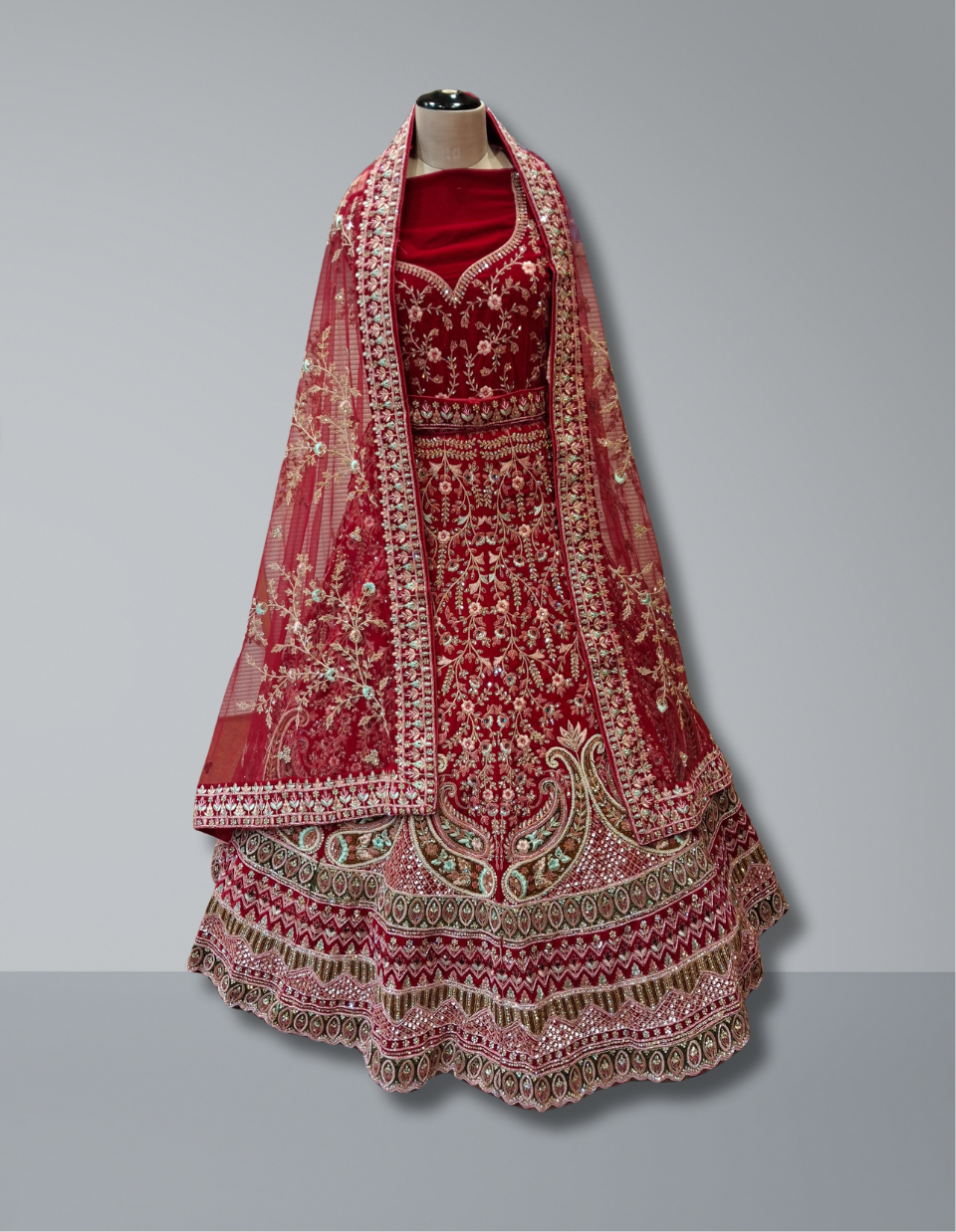 Luxury Red Velvet Bridal Silk Lehenga with Intricate Hand Embroidery
