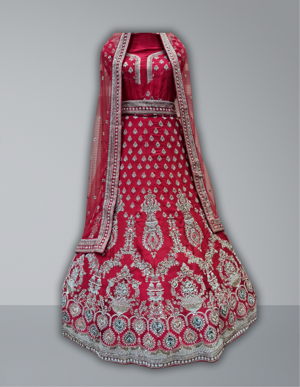 Exquisite Red Bridal Lehenga with Intricate Silver Zari Embroidery