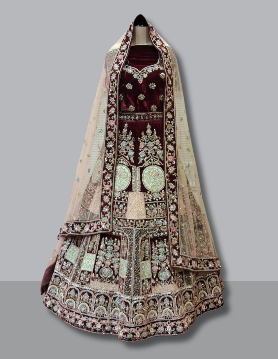 Deep Wine Velvet Lehenga with Pastel Embroidery