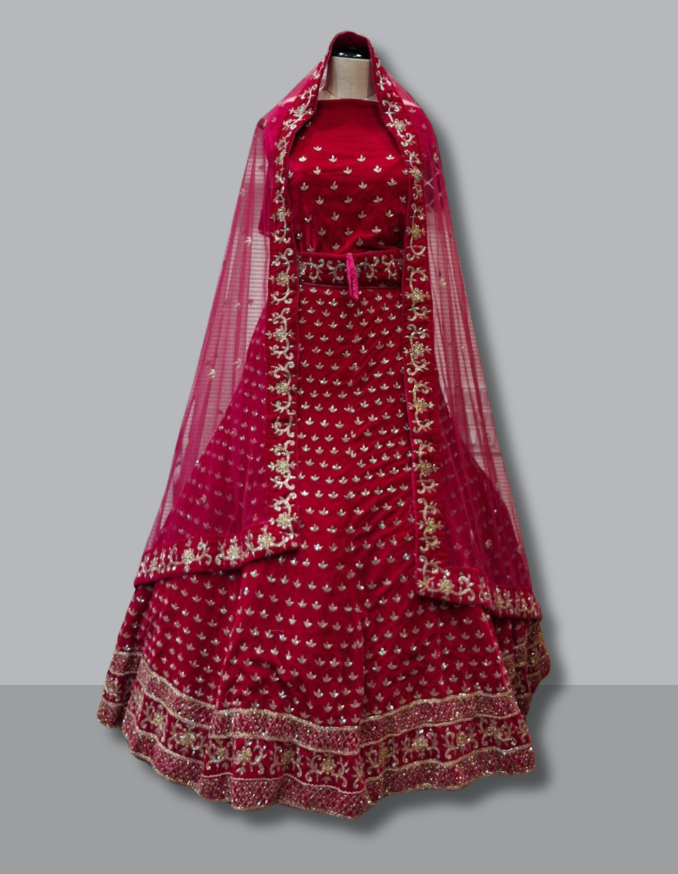 Classic Red Velvet Bridal Lehenga with Gold Thread Work