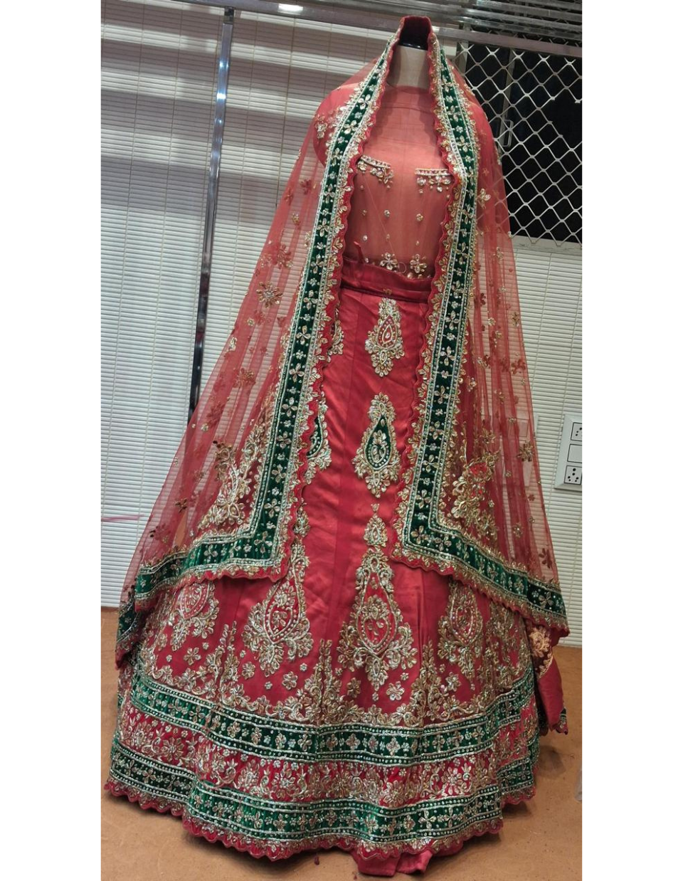 Bridal Red & Green Embroidered Lehenga