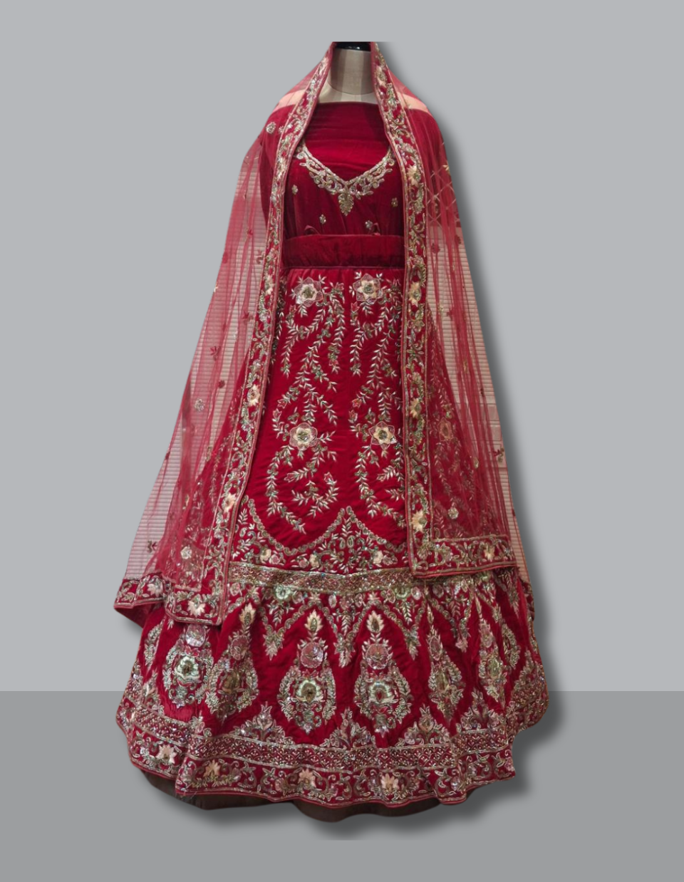Maroon Velvet Bridal Lehenga with Antique Gold Work