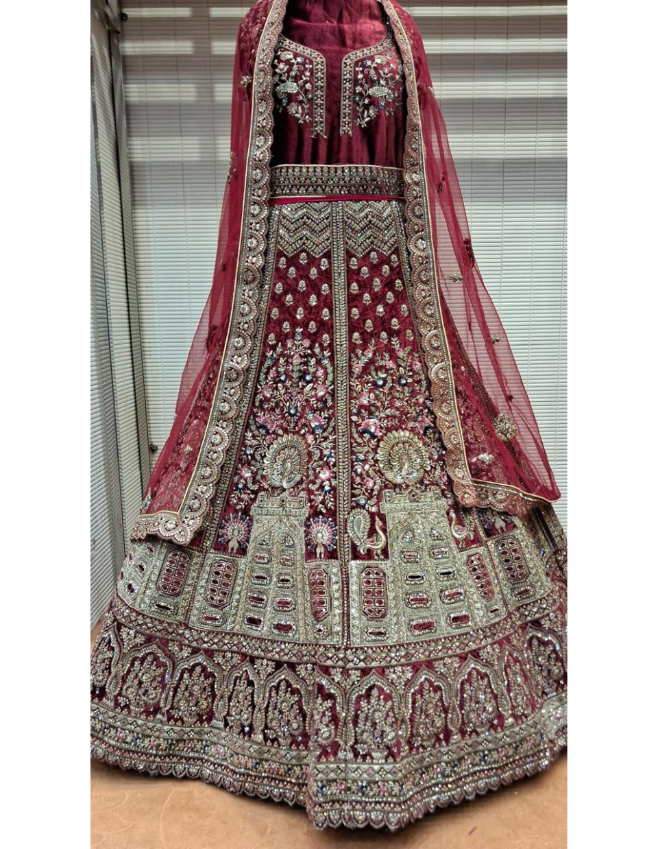 Wine Heritage Temple Motif Bridal Lehenga