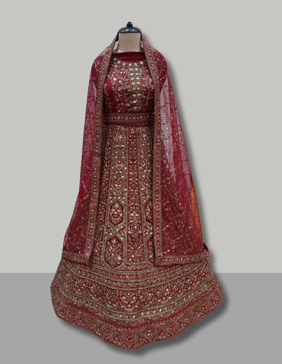 Maroon Heavily Embroidered Bridal Lehenga with Net Dupatta