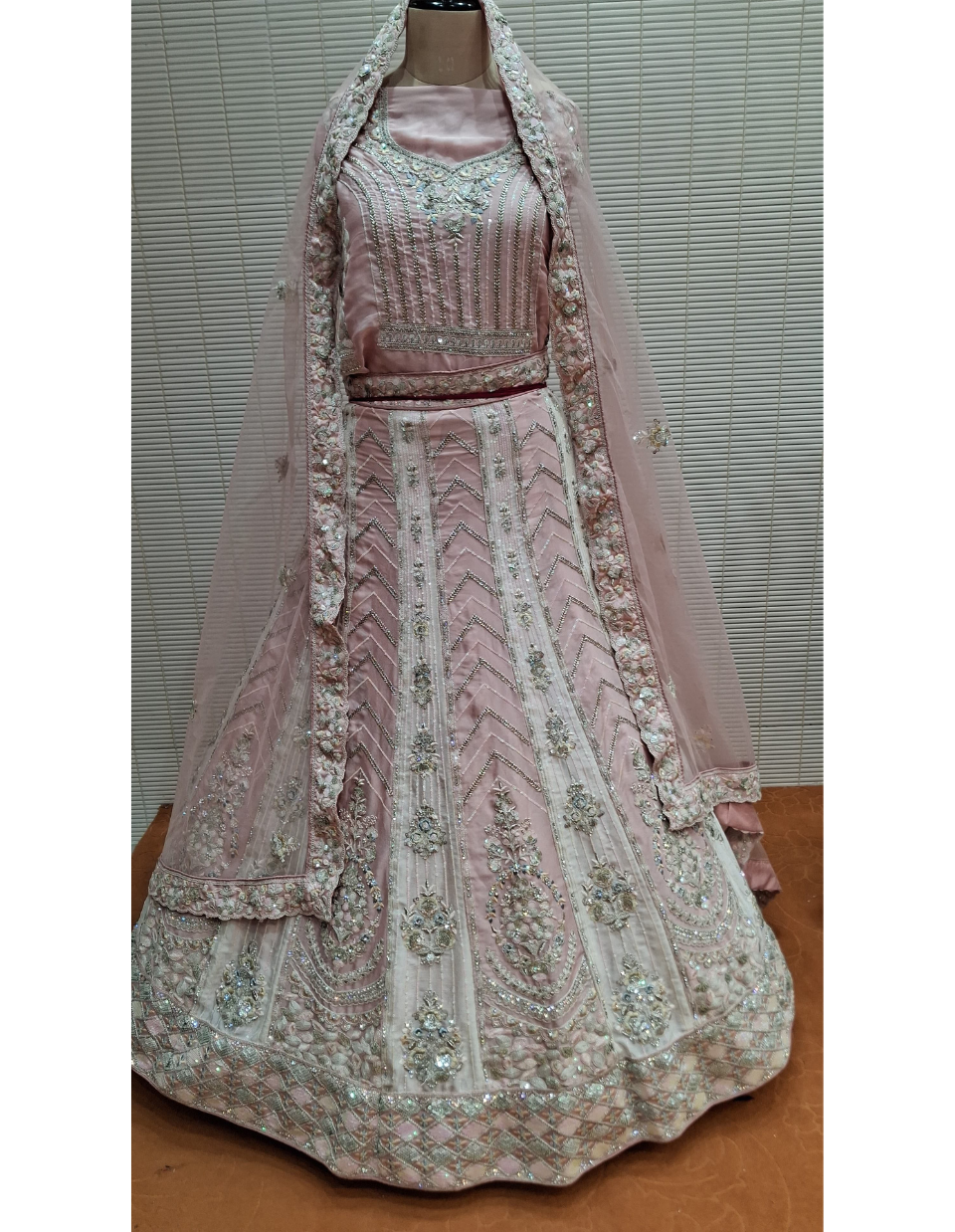 Blush Pink Floral Embroidered Lehenga with Net Dupatta