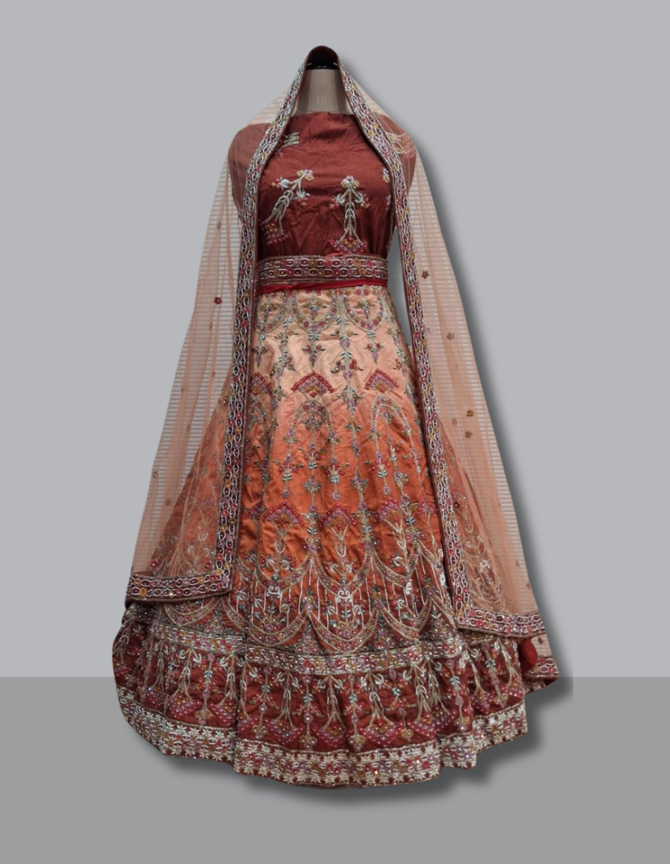Peach & Rust Embroidered Silk Lehenga Set