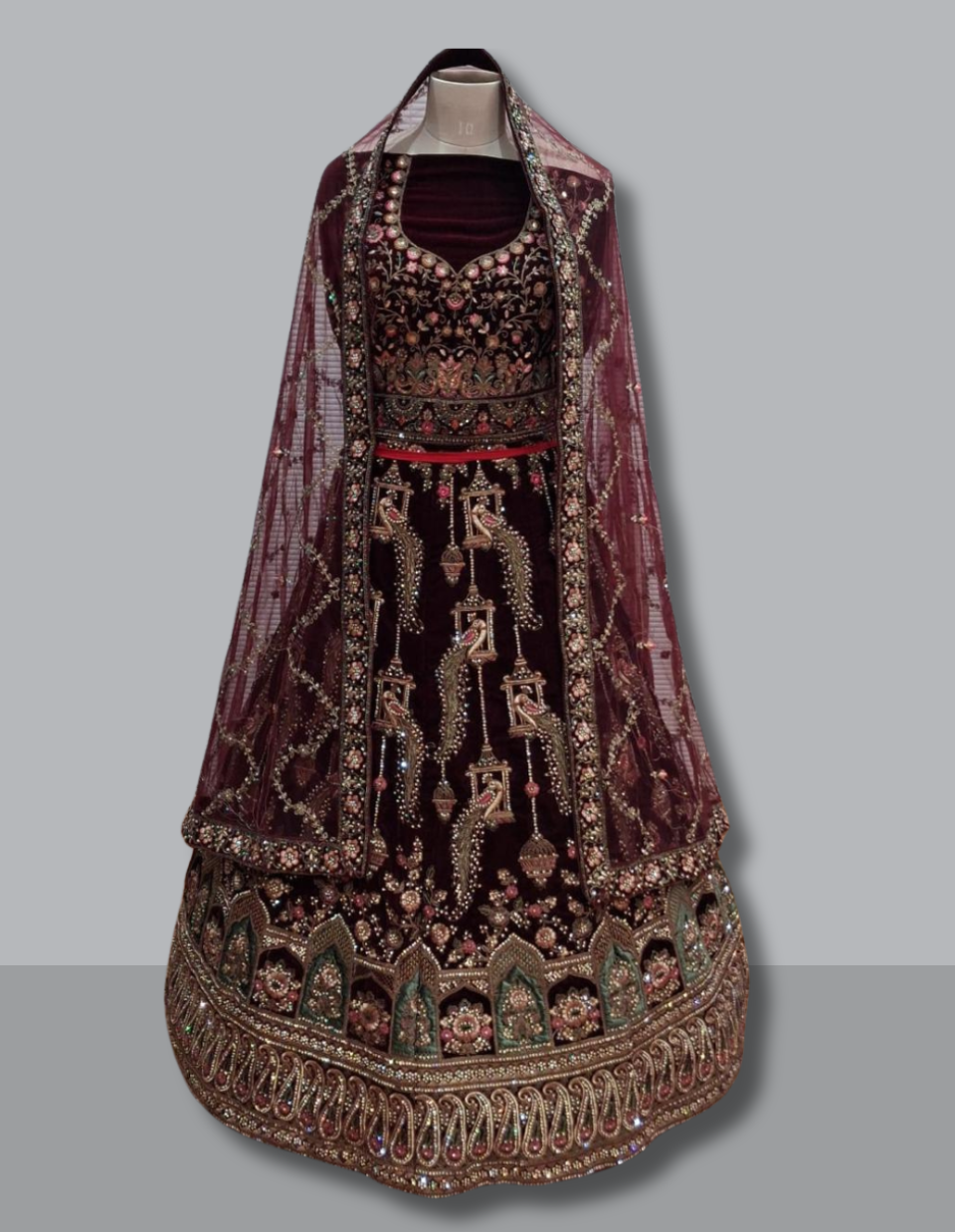 Majestic Maroon Velvet Bridal Lehenga with Antique Embroidery