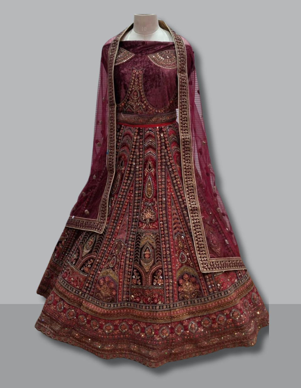 Maroon Velvet Bridal Lehenga with Antique Embroidery