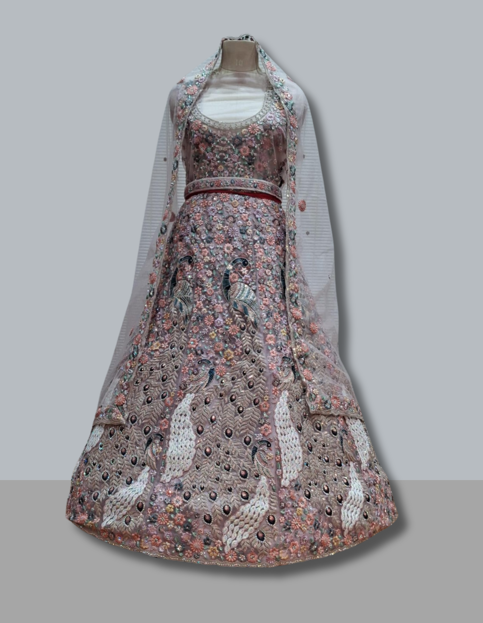 Peacock Embroidered Wedding Lehenga in Light Pink Color