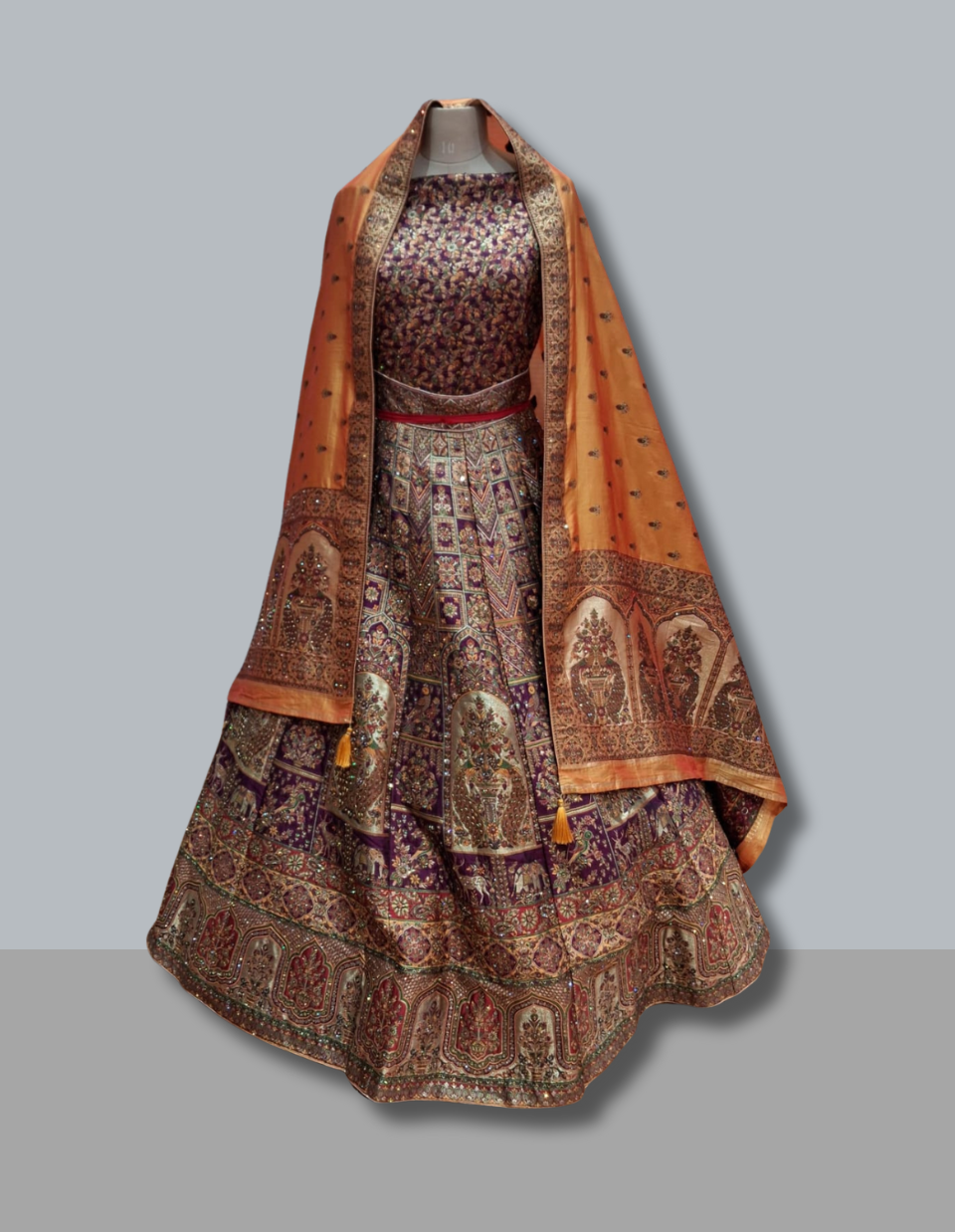 Multicolor Traditional Brocade Lehenga with Orange Dupatta