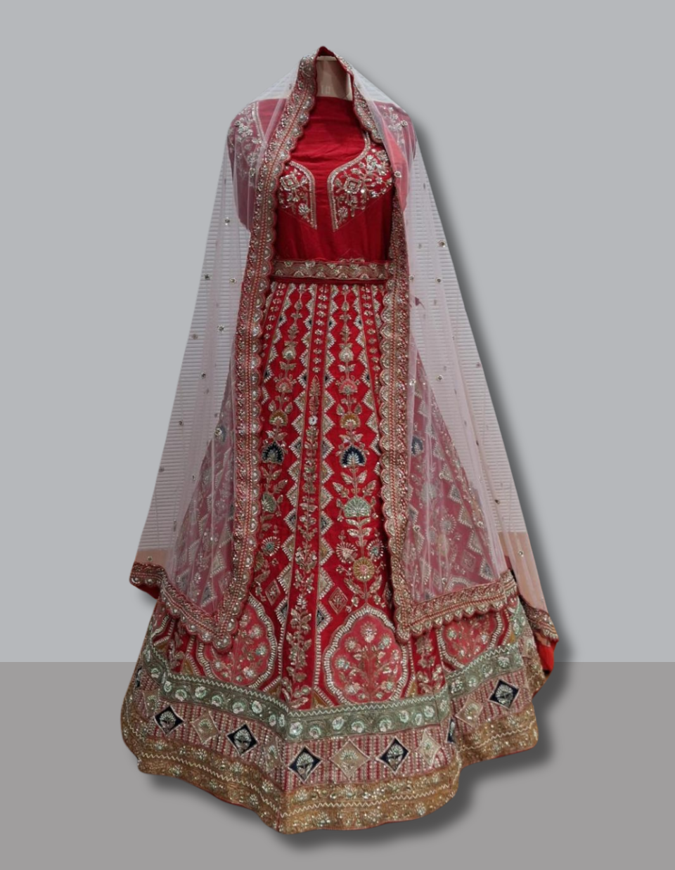 Ruby Red Bridal Lehenga with Floral Panel Embroidery