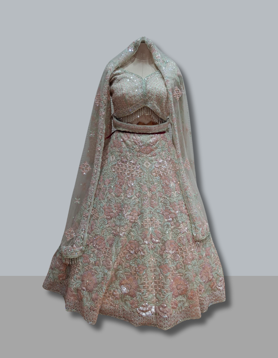 Elegant Party Wear Lehenga in Pastel Pink and Mint Green