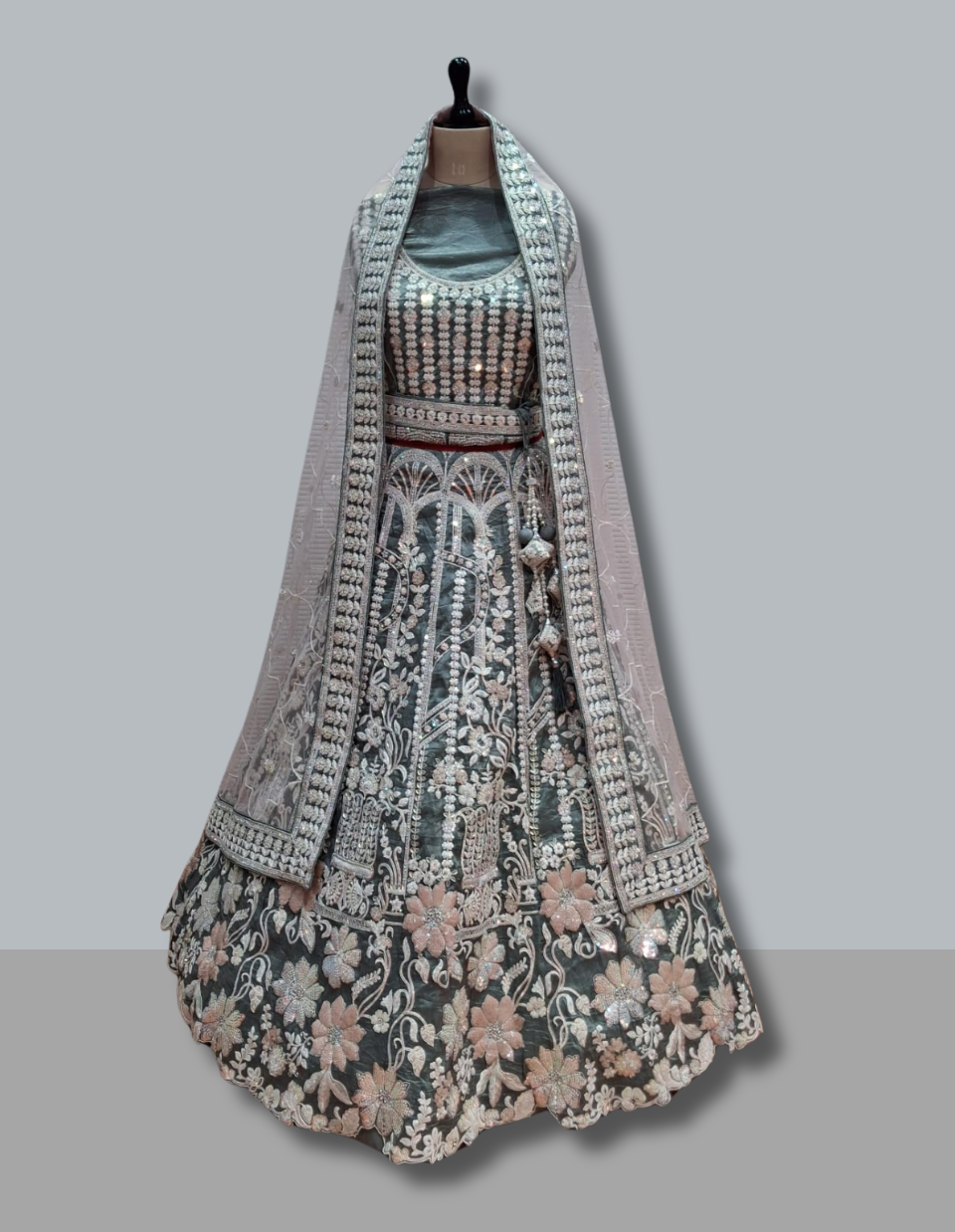 Elegant Party Wear Lehenga in Teal and Blush Pink
