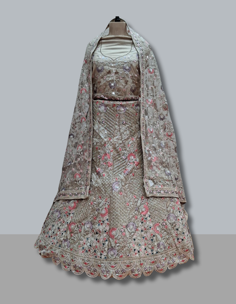 Beige Multi-Thread Embroidered Wedding Lehenga with Dupatta