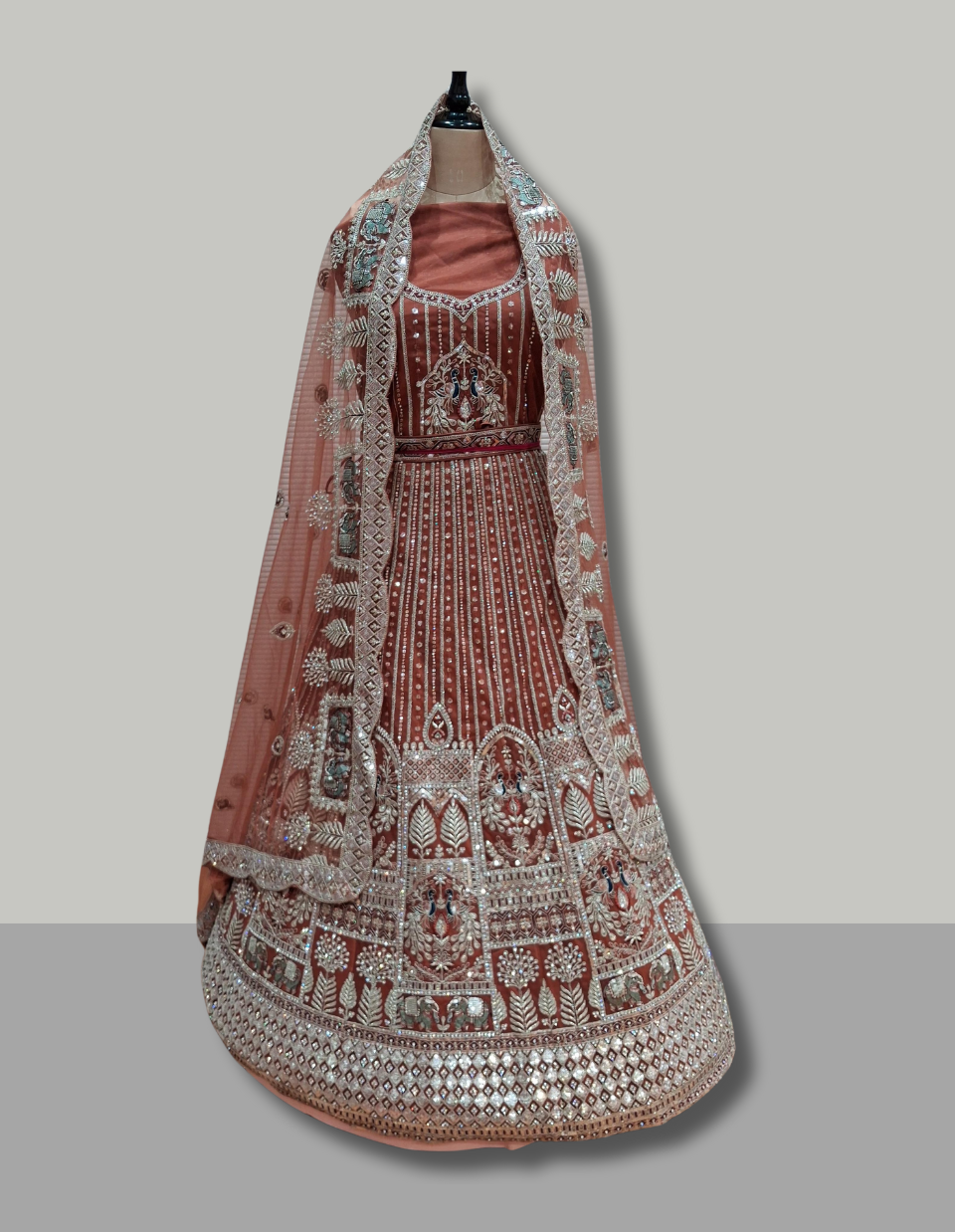 Rust Maroon Hand-Embroidered Bridal Lehenga with Zardosi & Mirror Work