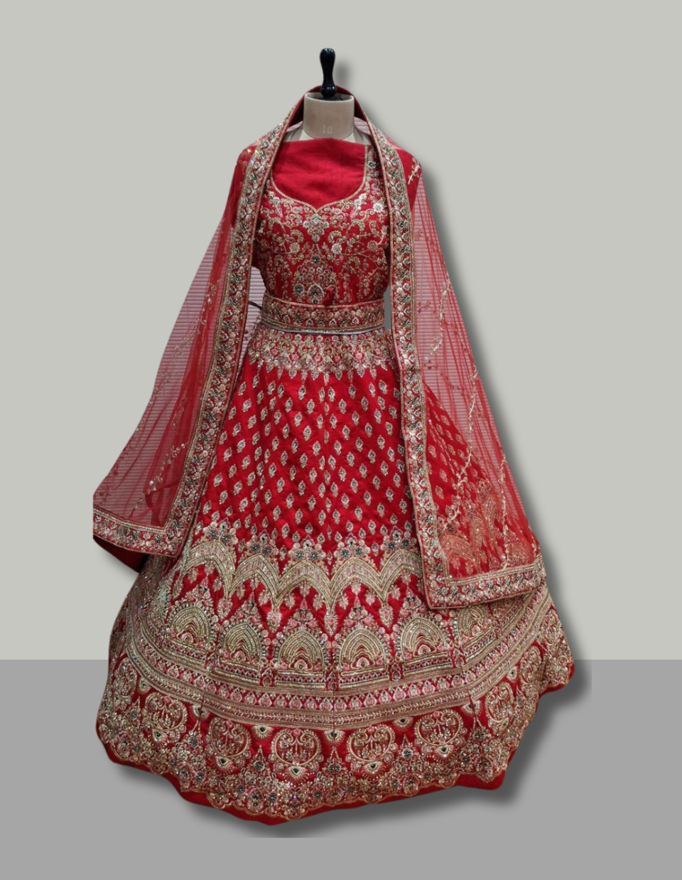Classic Red Bridal Lehenga with Intricate Golden Zari & Mirror Work