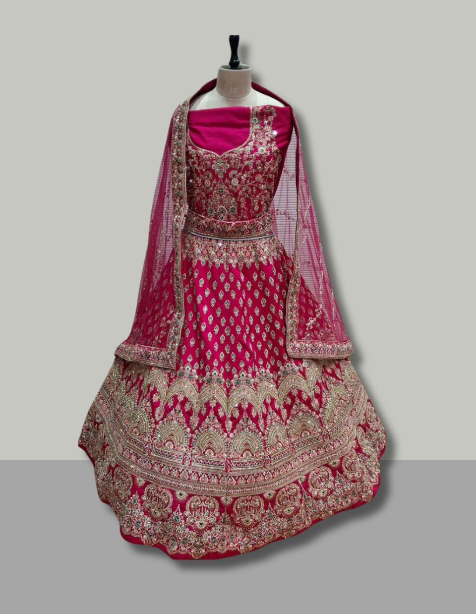 Pink and Red Multi-Panel Brocade Lehenga with Geometric & Floral Embroidery