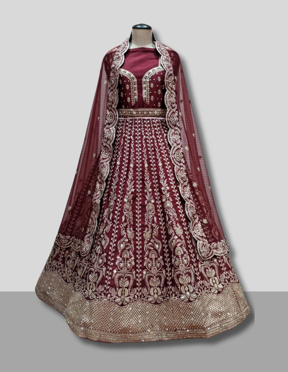 Elegant Maroon Embroidered Lehenga with Dupatta