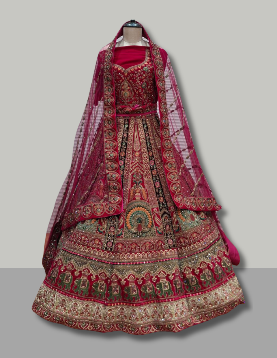 Royal Red Bridal Lehenga with Temple Border and Multicolor Thread Embroidery