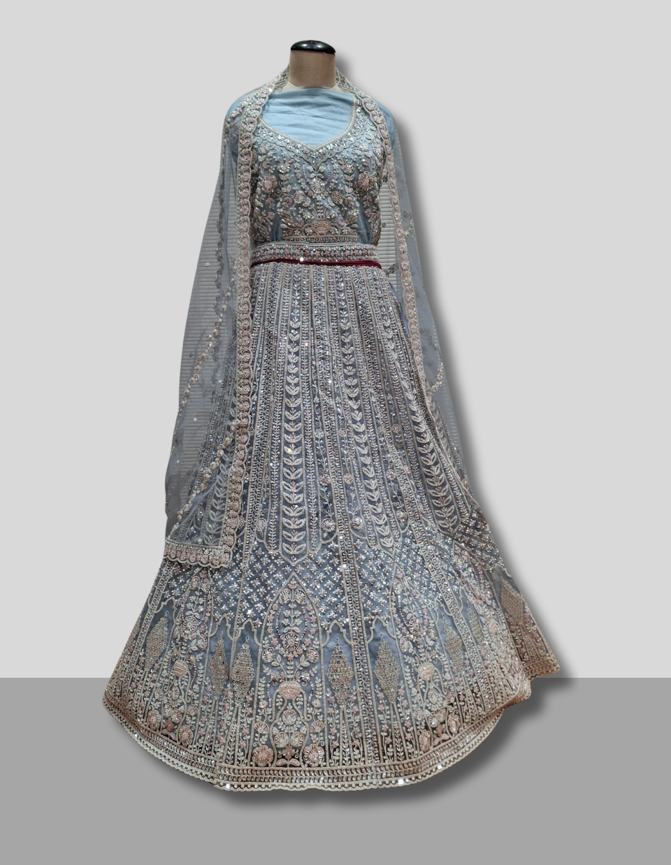 Steel Blue Heavily Embroidered Party Lehenga
