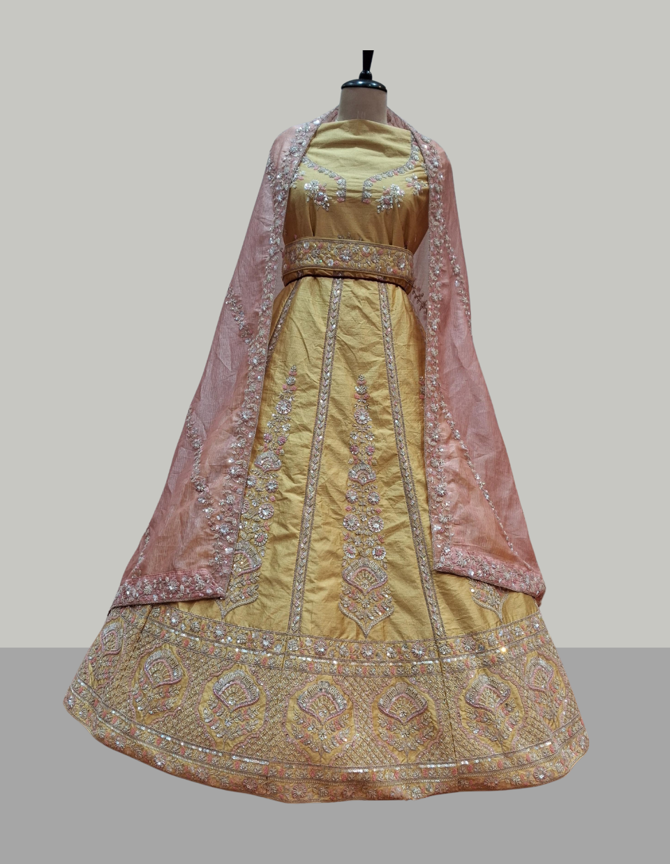 Mustard Yellow Bridal Lehenga with Peach Dupatta