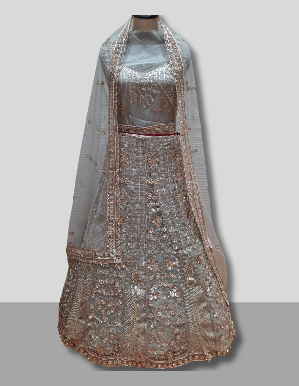 Silver Grey Embroidered Party Wear Lehenga