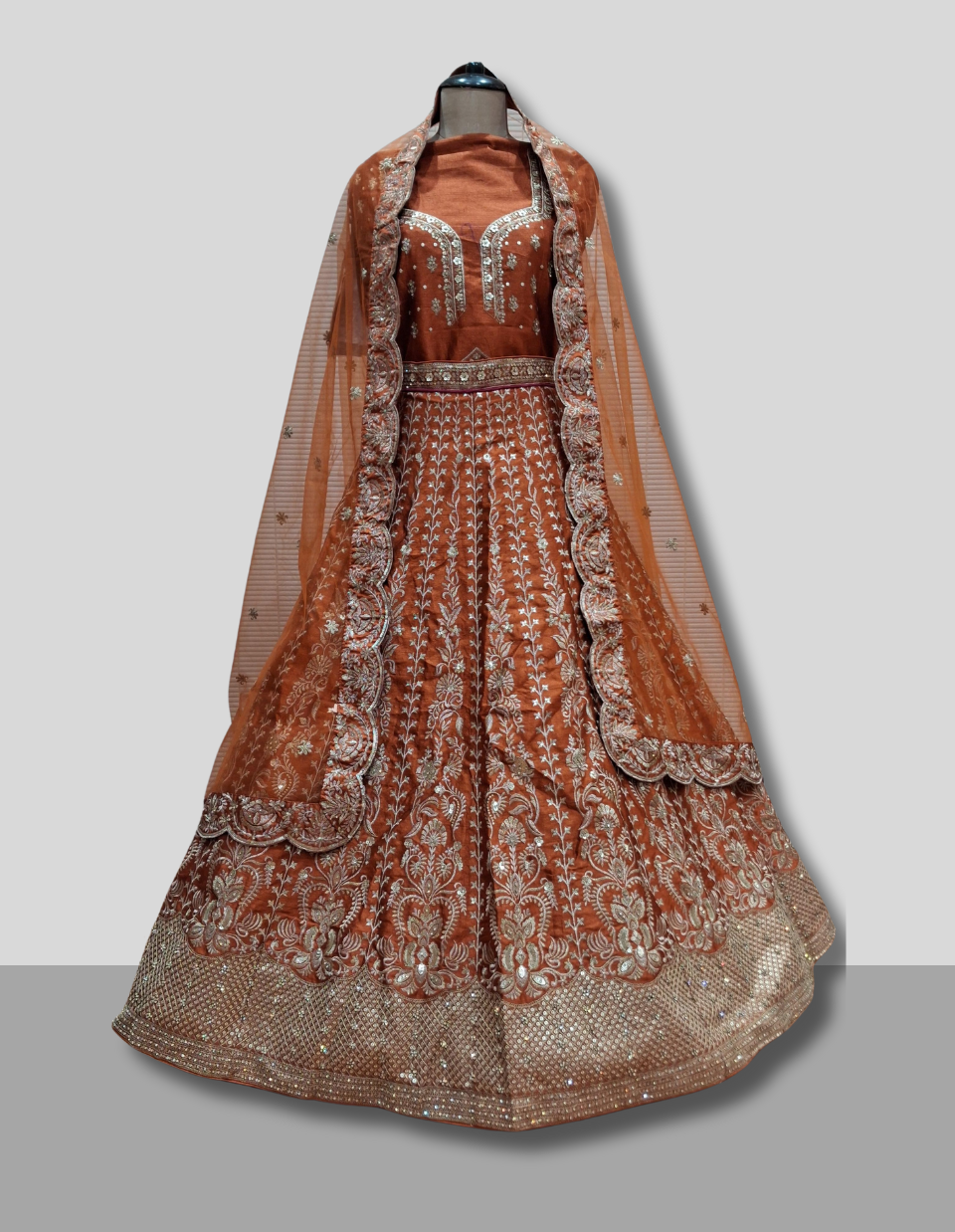 Rust Orange Royal Embroidered Lehenga