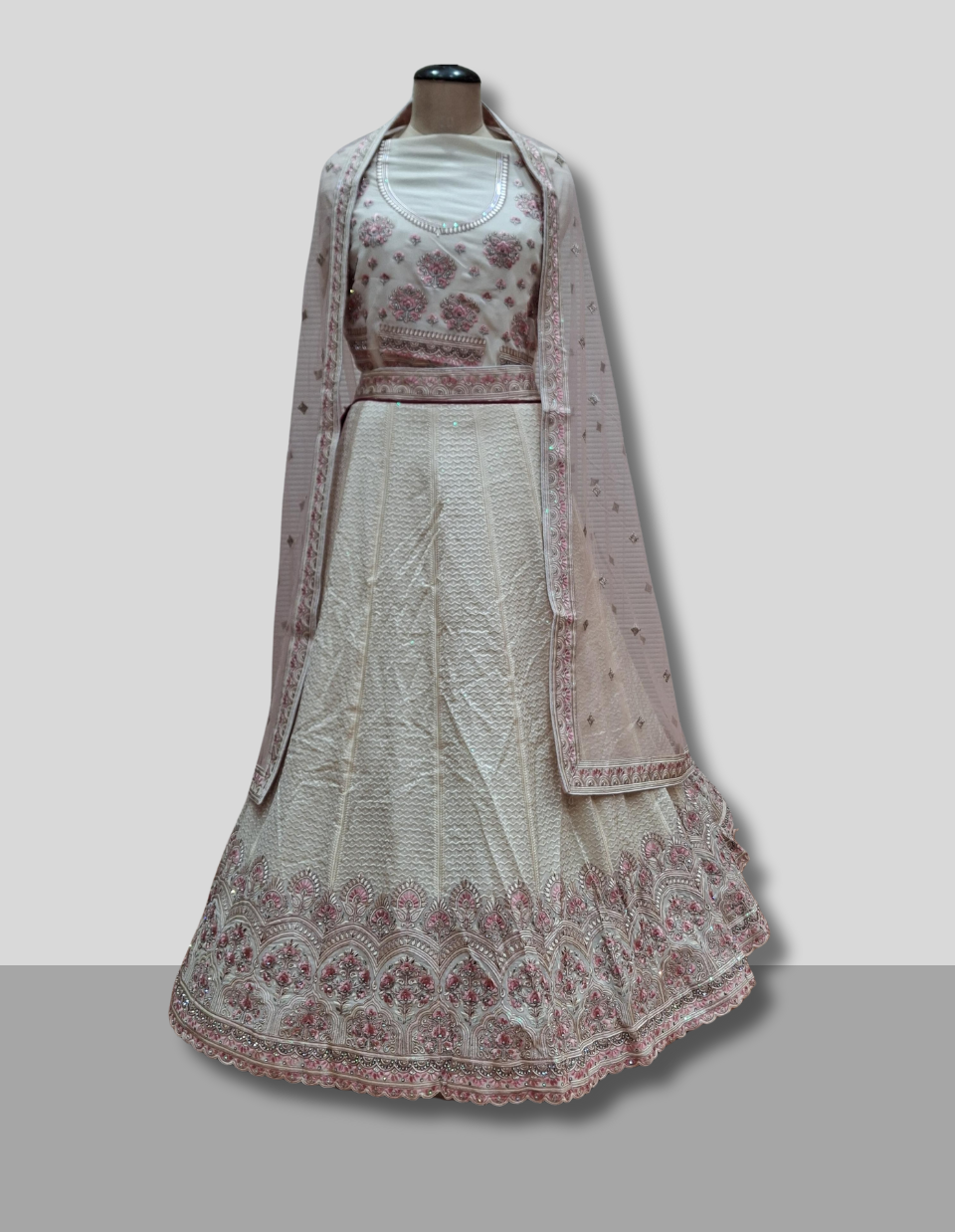 Ivory & Pink Elegant Threadwork Lehenga
