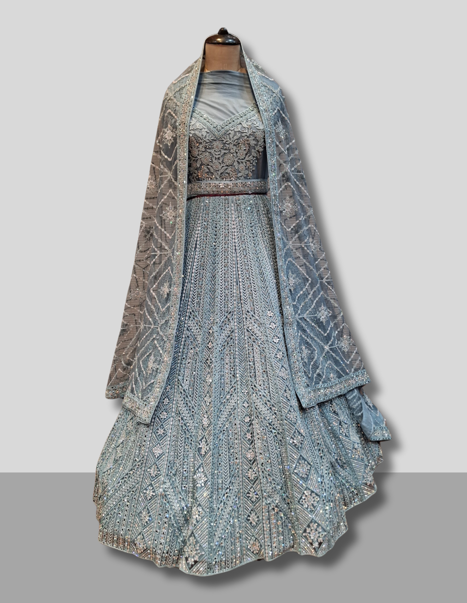 Icy Blue Embroidered Party Wear Lehenga