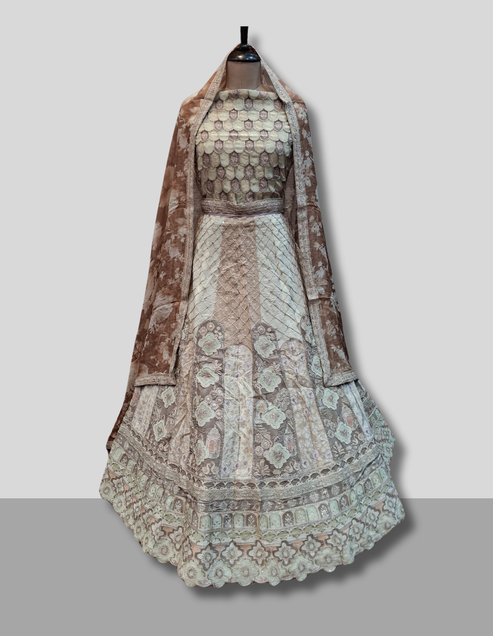 Soft Beige Embroidered Silk Lehenga with Pastel Accents