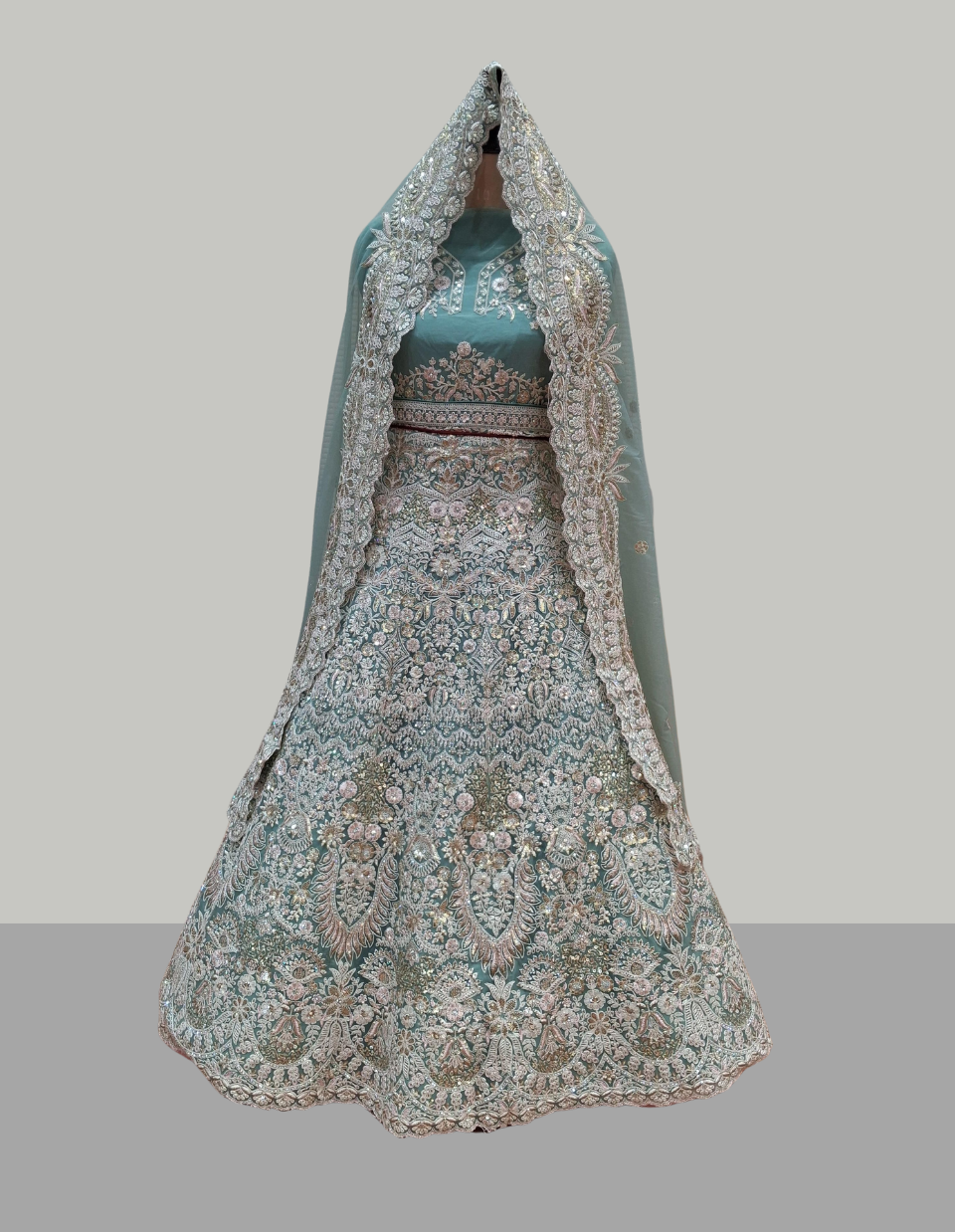 Seafoam Green Mirror Embroidered Bridal Lehenga