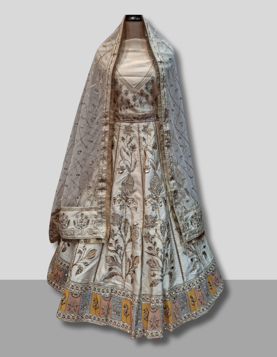 Ivory and Gold Zari Embroidered Lehenga with Contrast Border