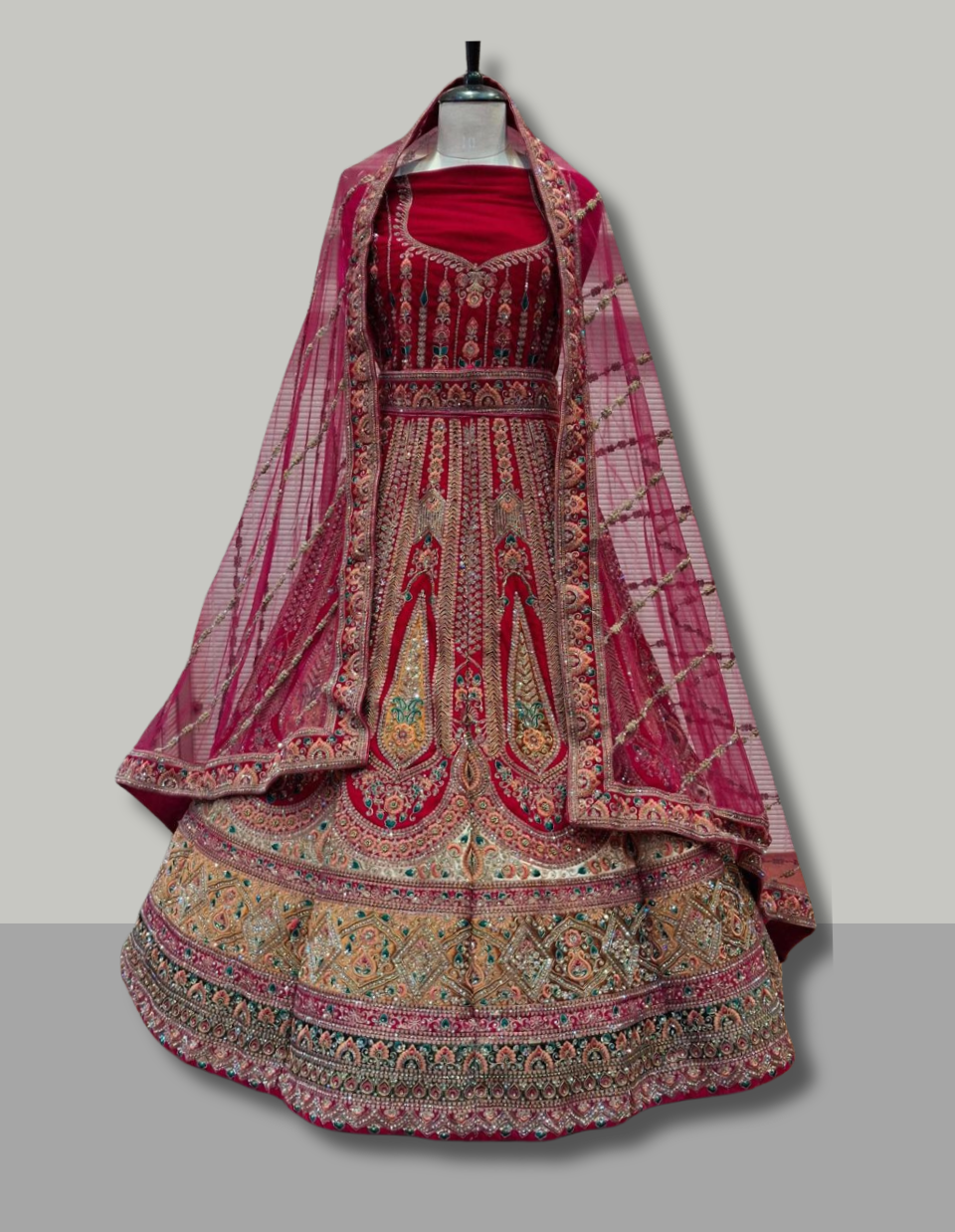 Deep Maroon Velvet Lehenga with Regal Motifs and Mirror Work