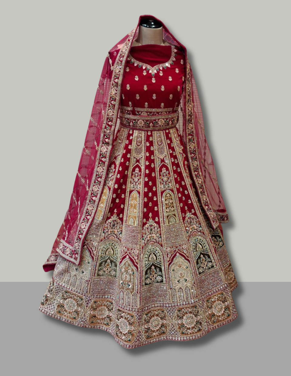 Wine Red Bridal Lehenga with Temple-Inspired Embroidery
