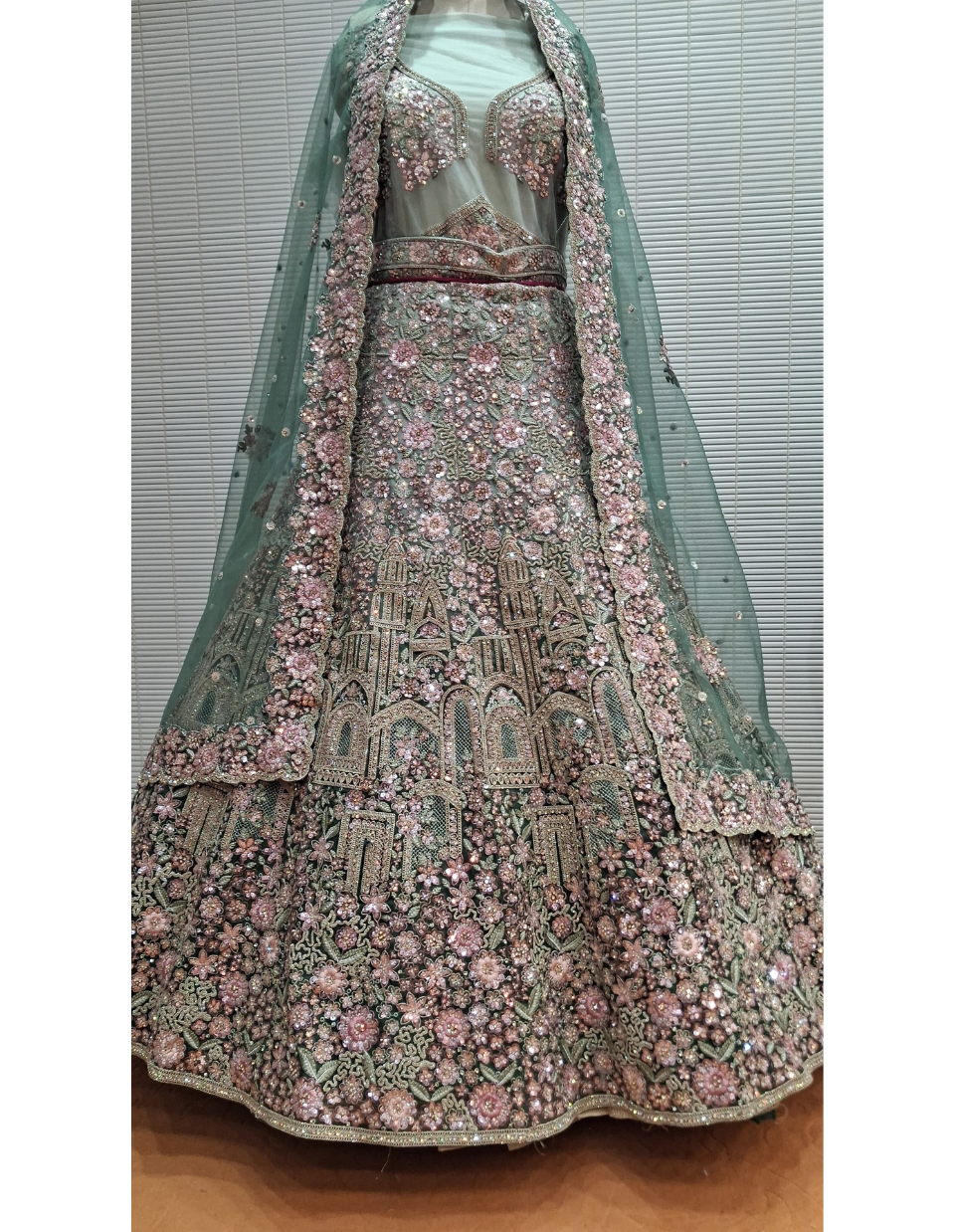 Pastel Green Architectural Embroidered Lehenga