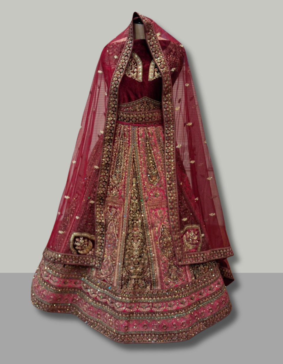 Deep Wine Velvet Lehenga with Antique Gold Embroidery