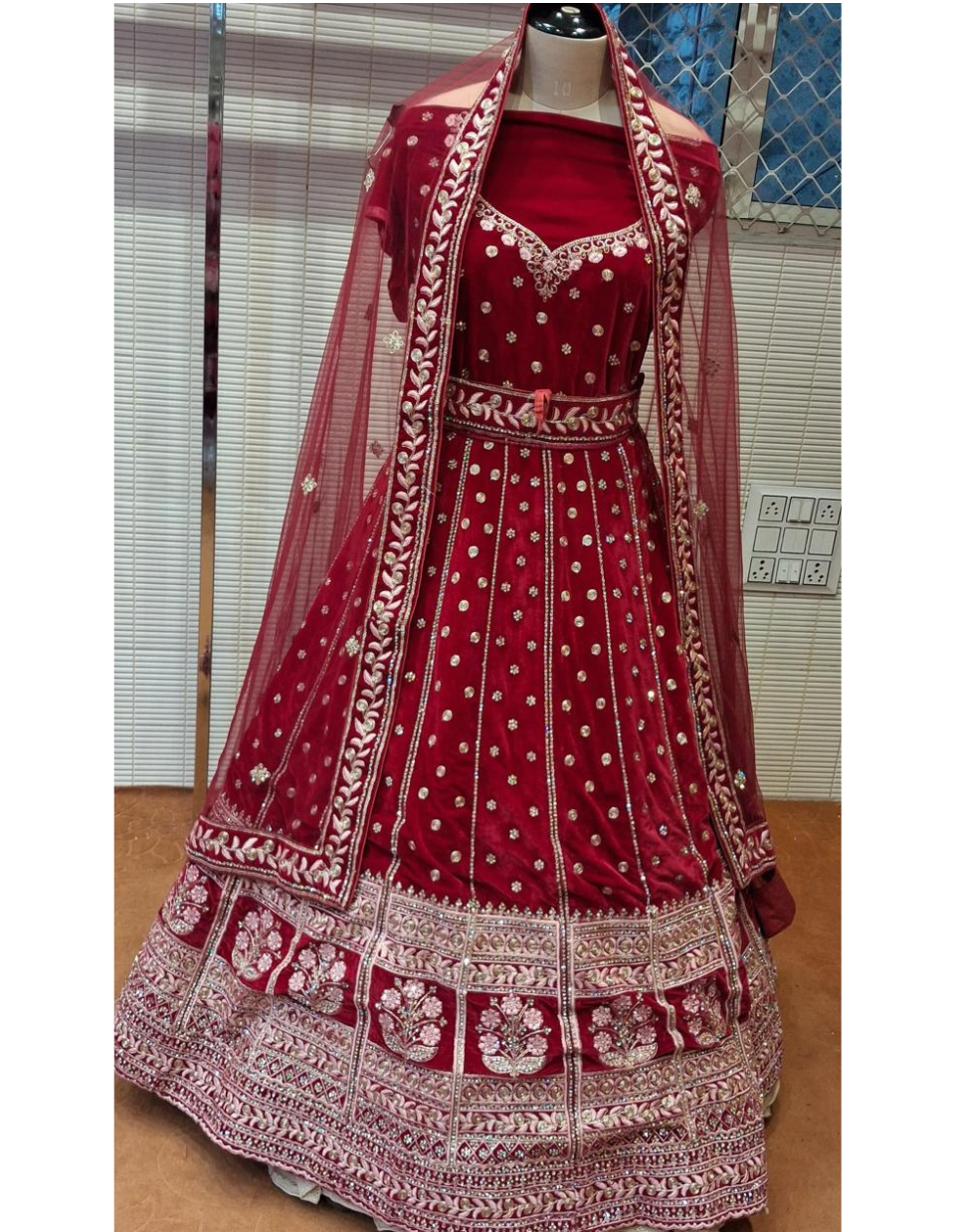 Wine Velvet Zari Embroidered Lehenga Set
