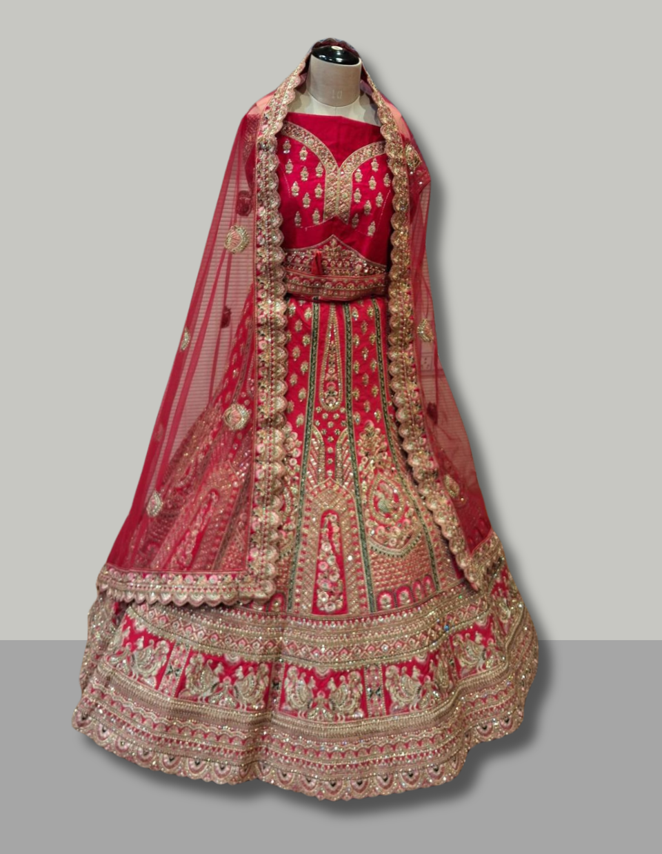 Cherry Red Heavy Embroidered Wedding Lehenga