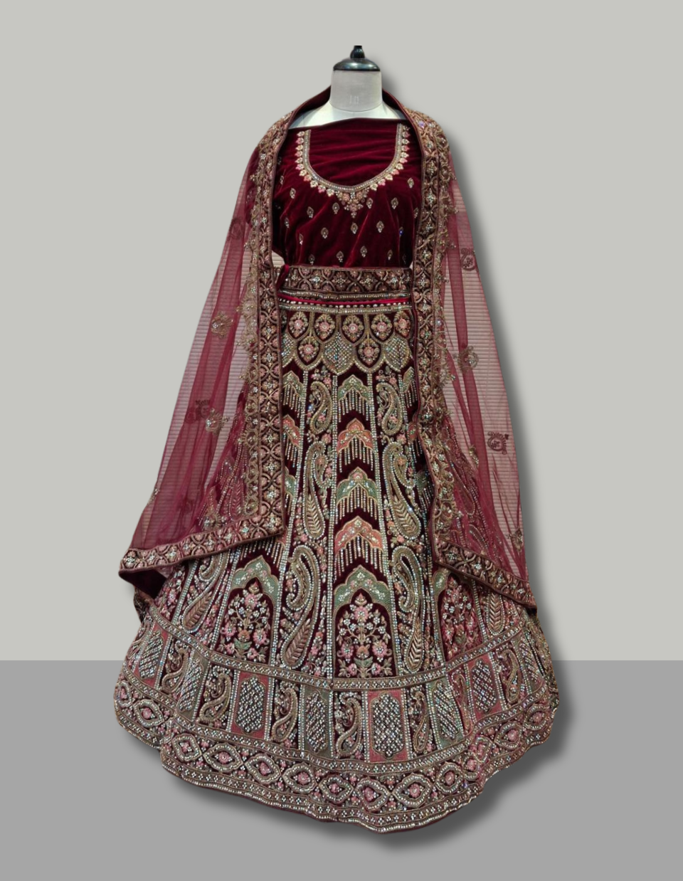 Deep Maroon Antique Embroidered Lehenga