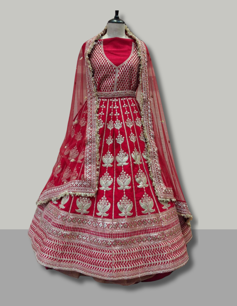 Cherry Red Silk Lehenga with Floral Silver Zari Embroidery and Net Dupatta - Keshav Creations Store