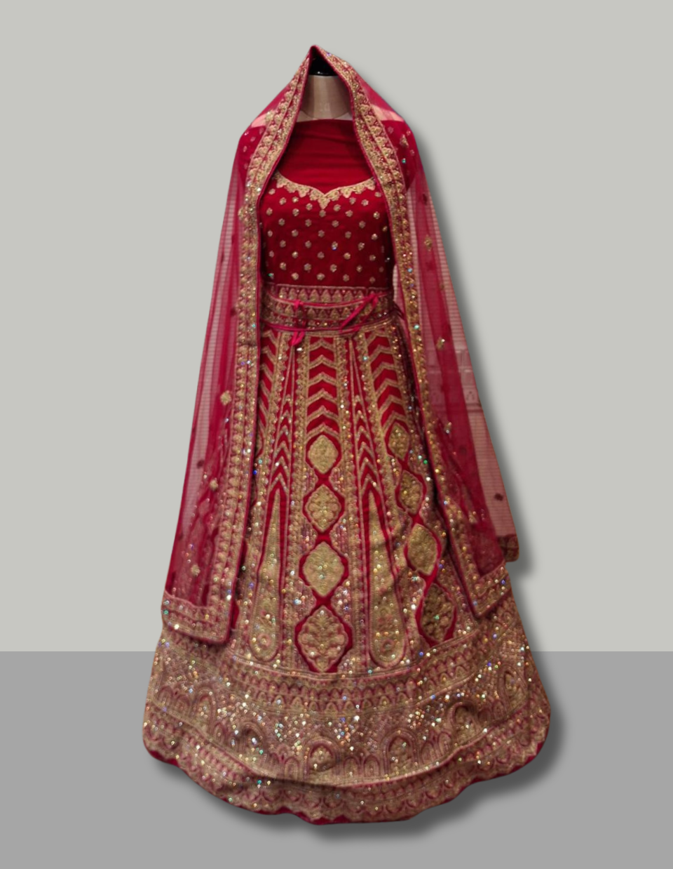 Traditional Red and Gold Lehenga with Geometric Motifs