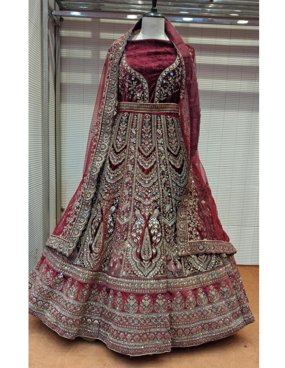 Maroon Velvet Lehenga with Antique Embroidery Detailing