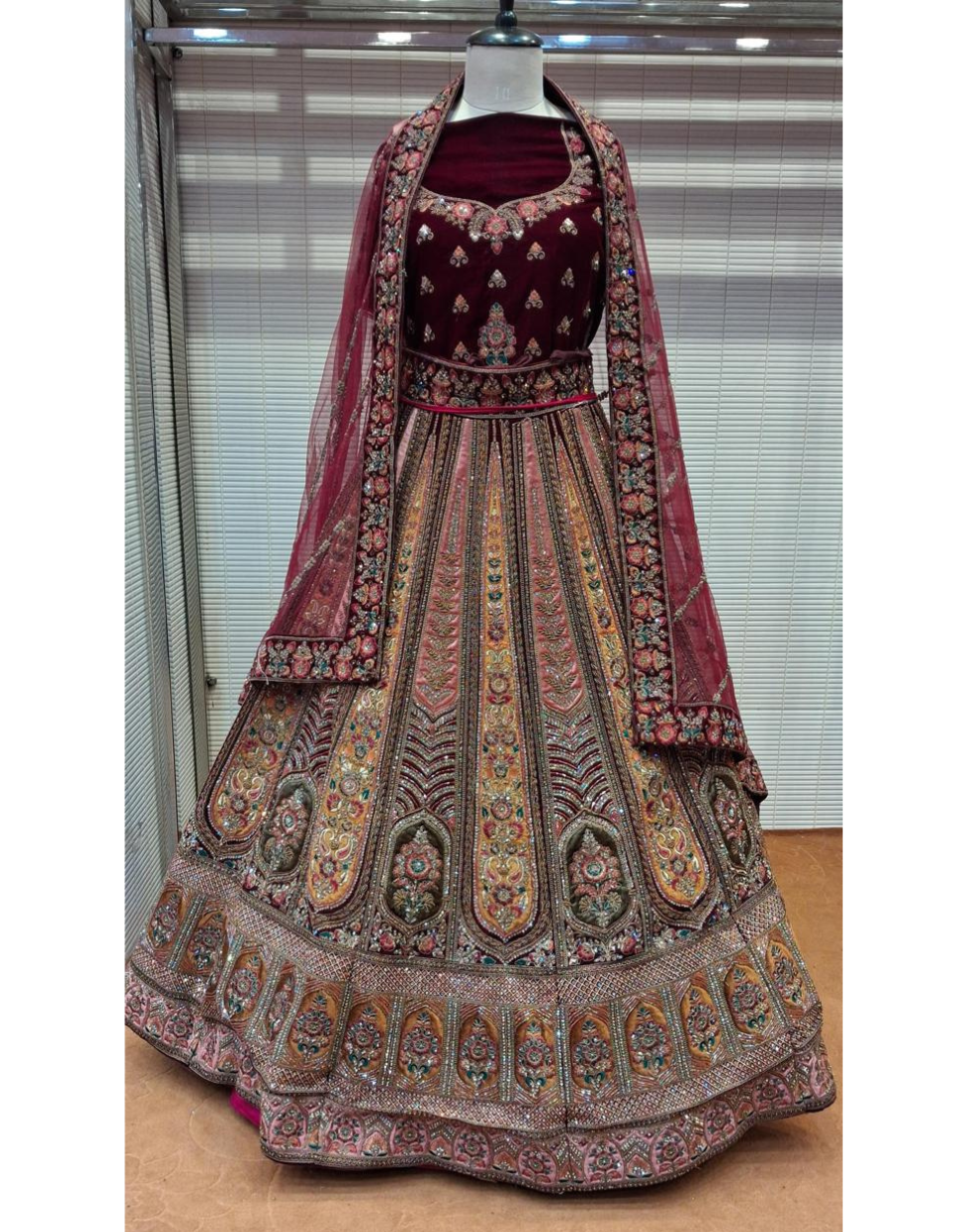 Maroon Designer Lehenga with Antique Zari and Floral Thread Embroidery