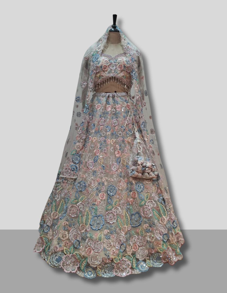 Multicolour Pastel Floral Embroidered Net Lehenga with Dupatta & Potli