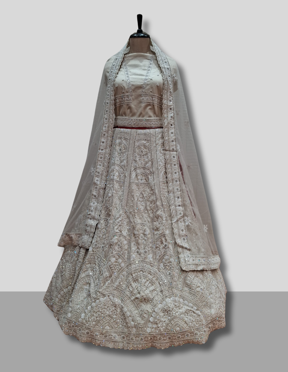 Pearl White Heavy Embroidered Bridal Look Lehenga