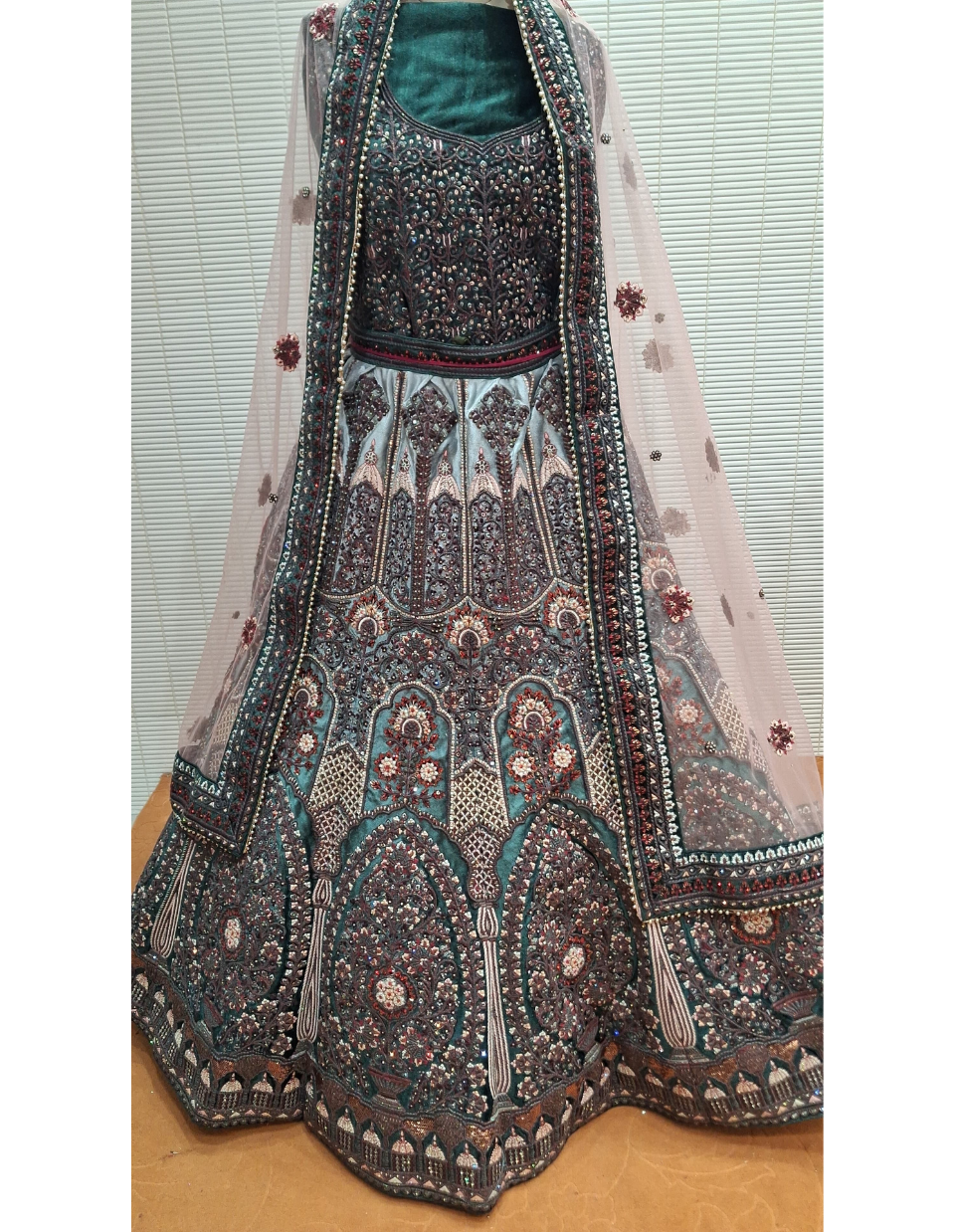 Teal Blue Gothic Floral Embroidered Lehenga