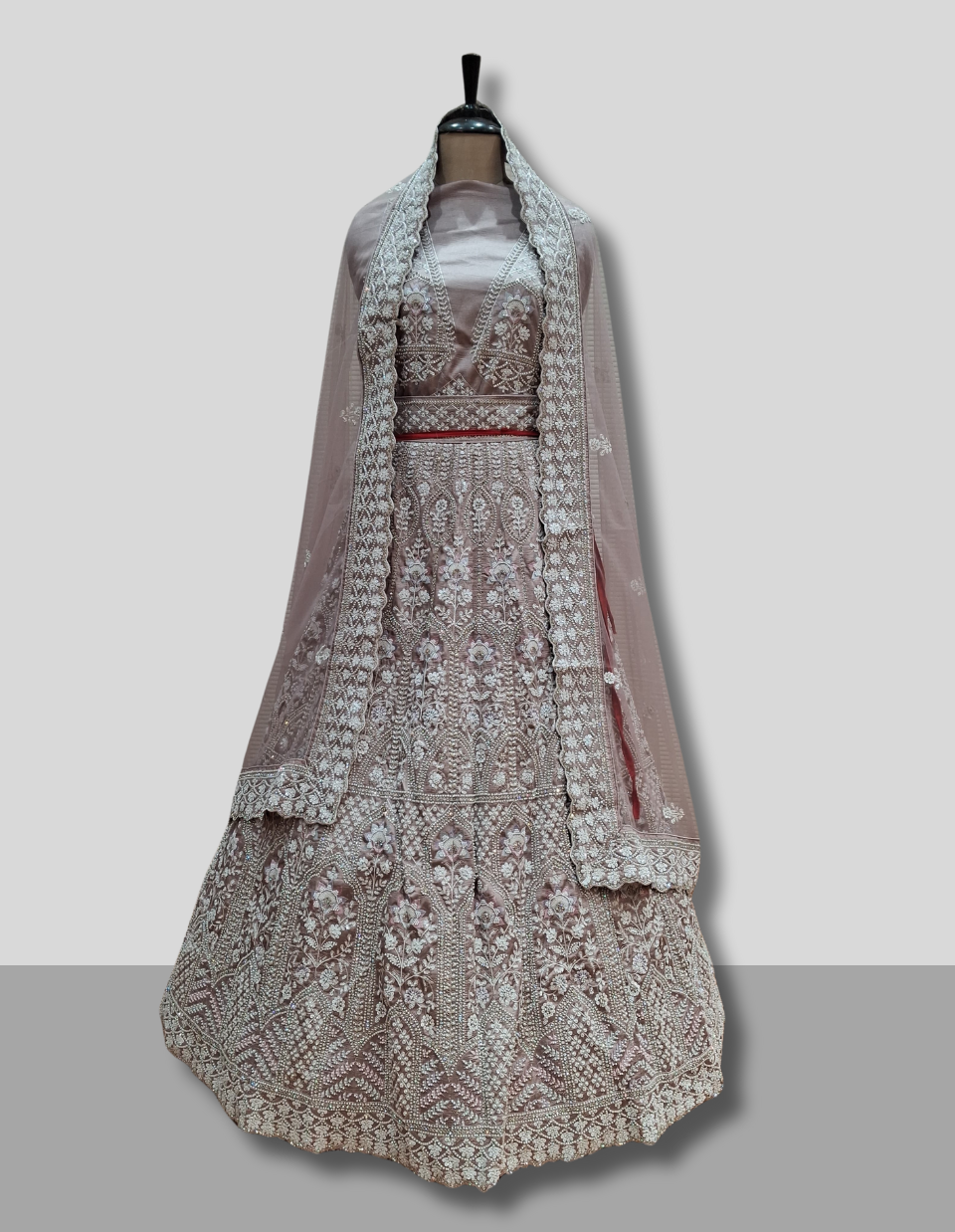 Dusty Rose Heavy Thread Embroidered Bridal Lehenga with Dupatta