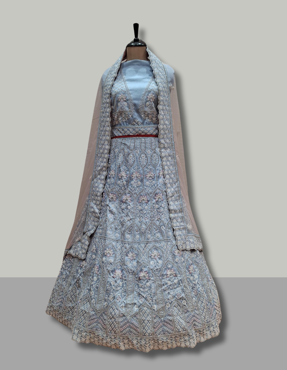 Pastel Blue Floral Embroidered Lehenga with Net Dupatta