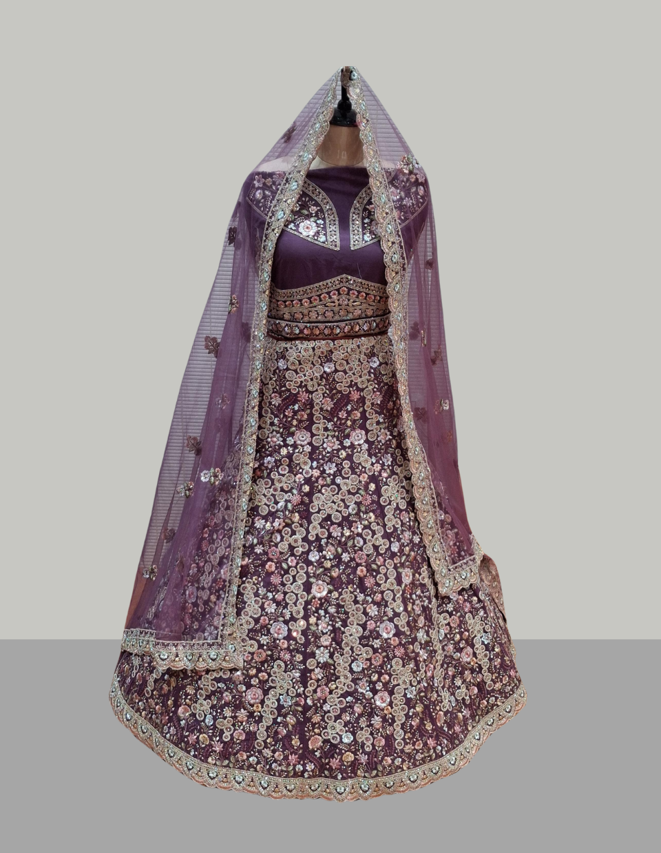 Plum Purple Hand-Embroidered Bridal Lehenga Set